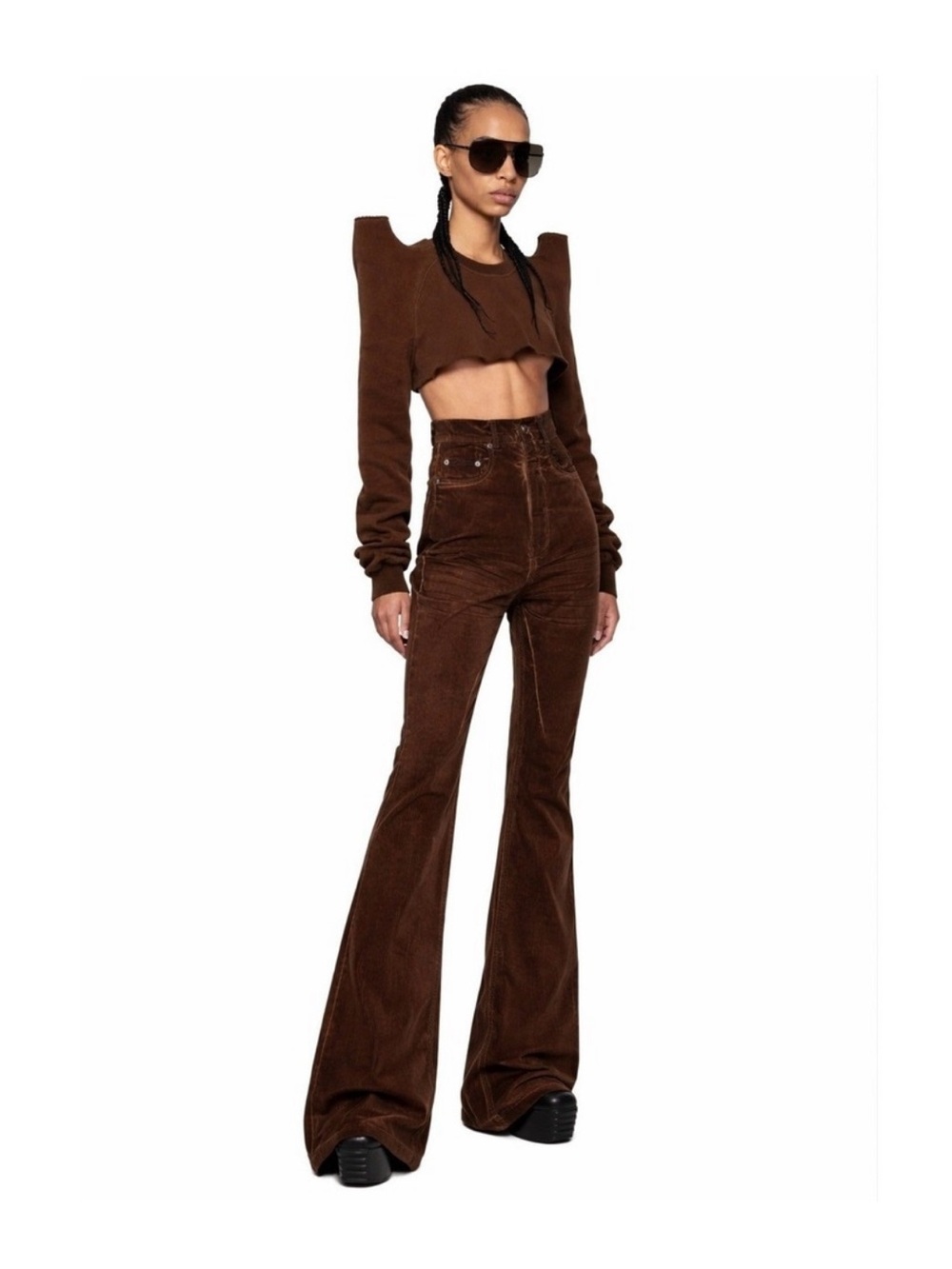Rick Owens Brown Velvet Flared High-Waist Jeans
